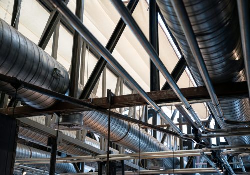 Ceiling structure with steel ventilation pipe and shiny pipe systems
